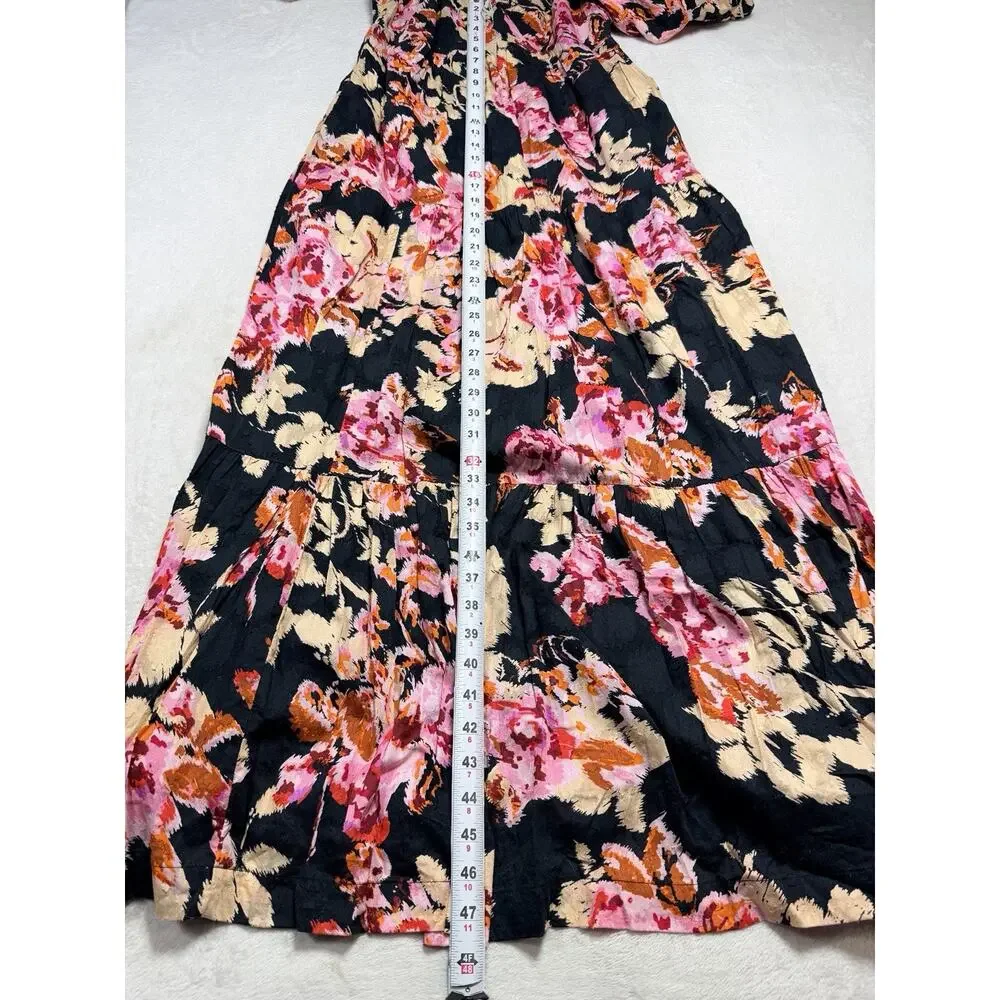 Anthropologie Black Blossom Tiered Puff Sleeve Maxi Dress Sz Sm Floral Smocked